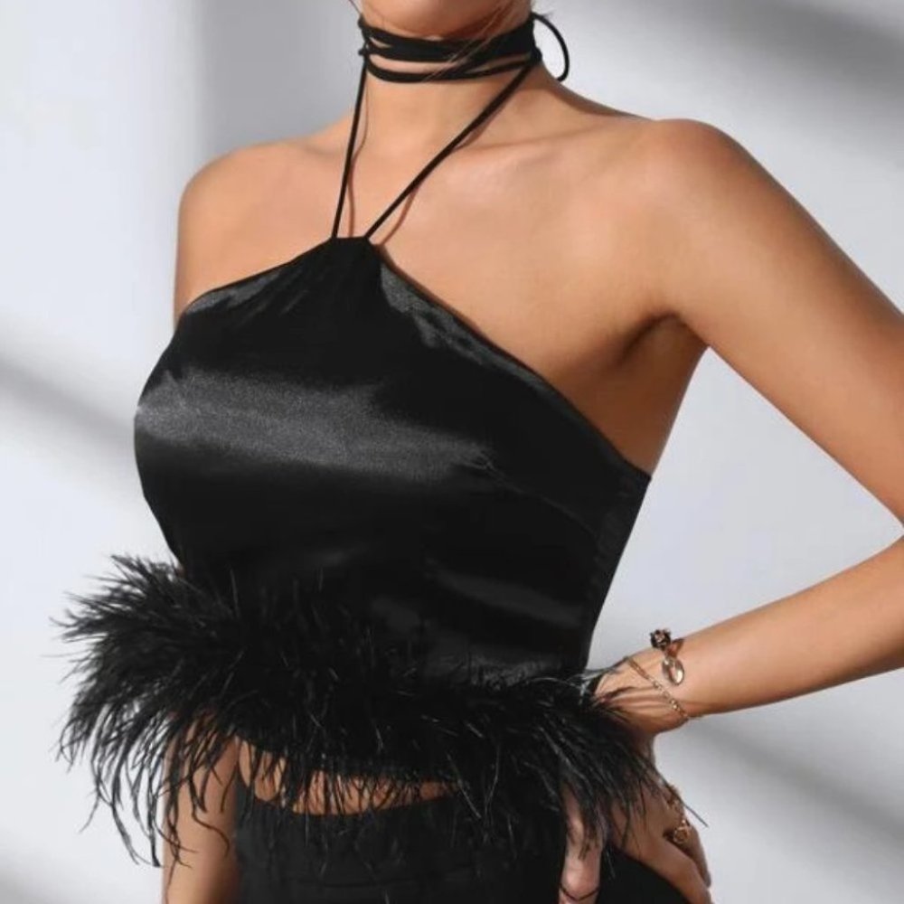 Feather Detailed Hot black Halter Top - Picture 2 of 5